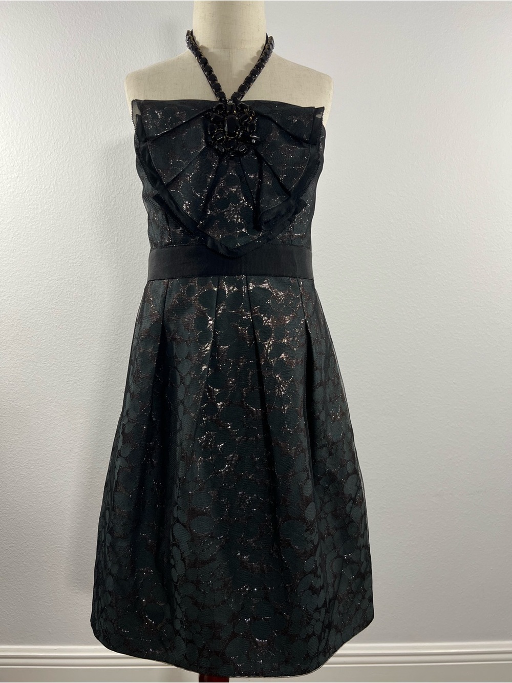 BCBGMaxAzria Black Strapless Lace-Overlay Cocktail Dress with Jeweled Brooch - Picture 4 of 4